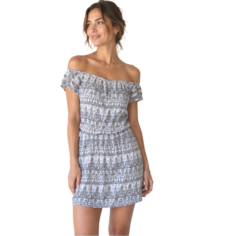 Soft Joie Lightweight Off The Shoulder Cotton Blend Dress White And Gray Large